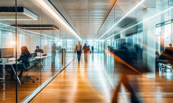 Fototapeta blurred business people walking in an office, motion blur modern colors, movement, people moving, team in action, time lapse 
