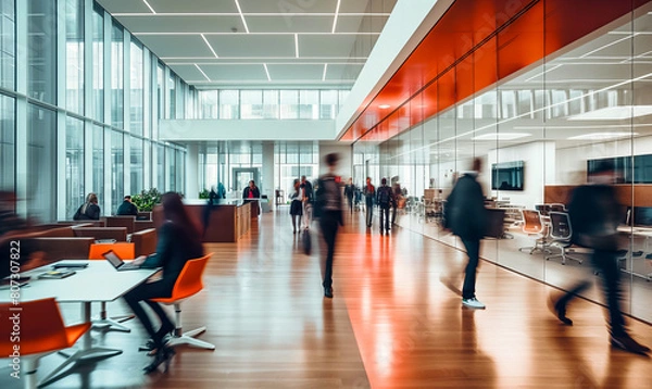 Fototapeta blurred business people walking in an office, motion blur modern colors, movement, people moving, team in action, time lapse 