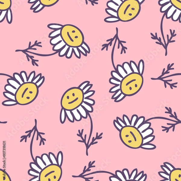 Fototapeta Hand drawn sad chamomile flowers seamless pattern in simple doodle style. Perfect print for tee, paper, textile and fabric. Summer vector illustration for decor and design.