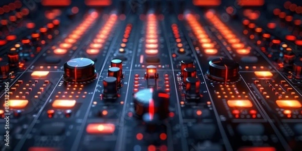 Fototapeta A close up of a sound mixer with red lights