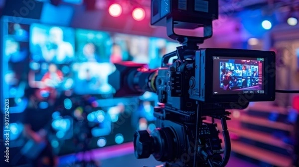 Fototapeta A video camera is positioned in front of a television screen, capturing the scene playing on the screen.