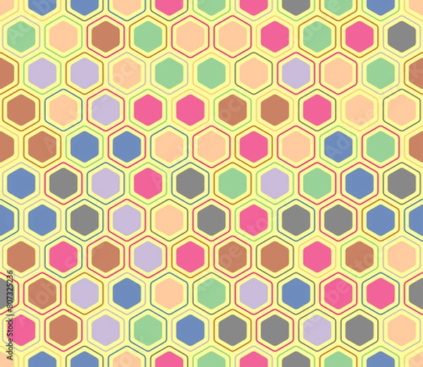 Fototapeta Abstract vector background. Rounded hexagons mosaic pattern with inner solid cells. Hexagonal shapes. Multiple tones color palette. Seamless pattern. Tileable vector illustration.