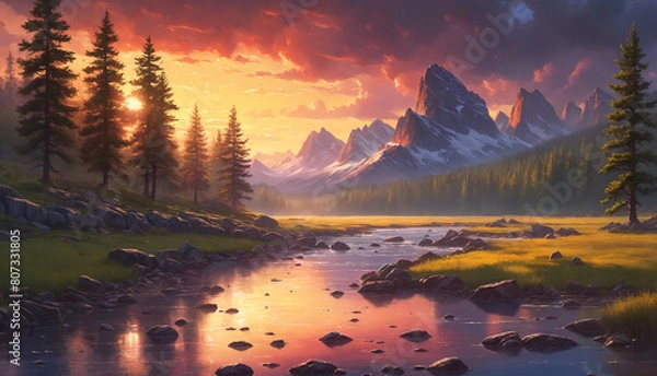 Obraz A beautiful mountain stream with a sunset in the background. The stream is surrounded by rocks and pine trees, creating a serene and picturesque scene.