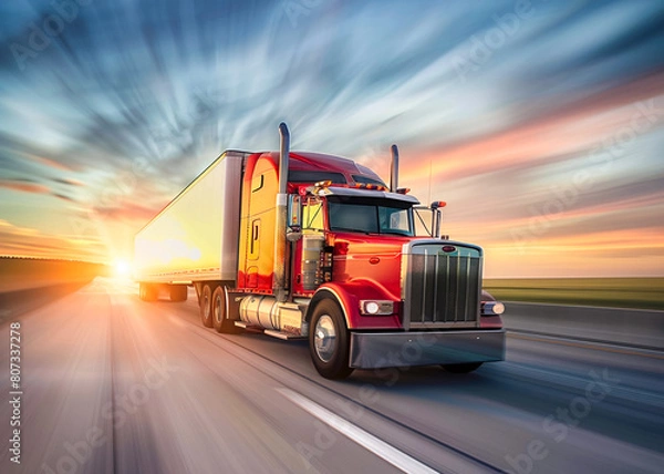 Fototapeta Red Truck on highway. Fast lane. Blurred background. Movement, motion and fast pace. 