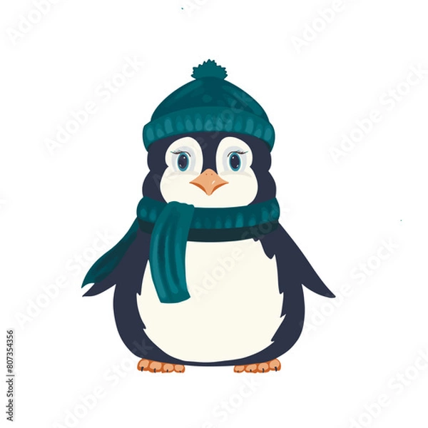Obraz Sticker of a cute penguin with a green scarf and hat