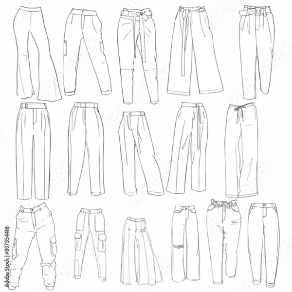 Obraz 
A set of silhouettes of trousers of different shapes and styles. Fashion stylist set