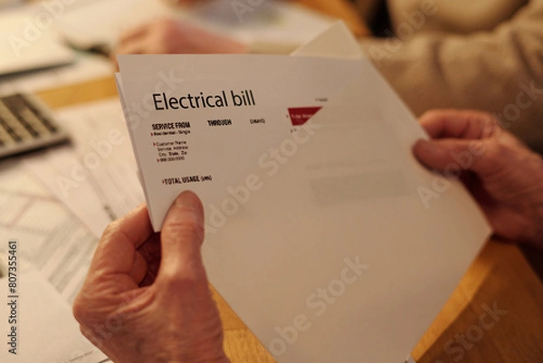 Obraz Hand of unrecognizable elderly woman taking folded electrical bill out of white envelope while sitting by table and checking payment documents