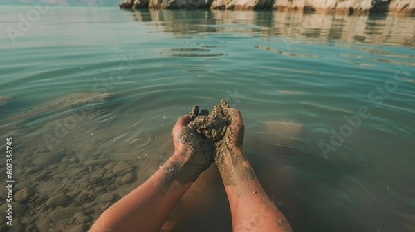 Fototapeta Tourist floating in the Dead Sea, close-up on hands lifting mineral-rich mud, serene water background 