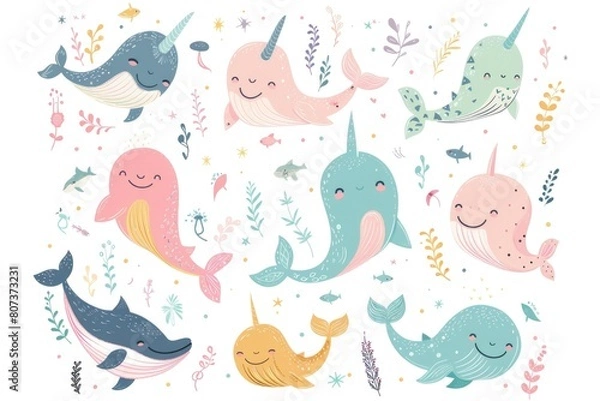 Fototapeta A group of adorable narwhals surrounded by plants and flowers. Perfect for educational and nature-themed projects