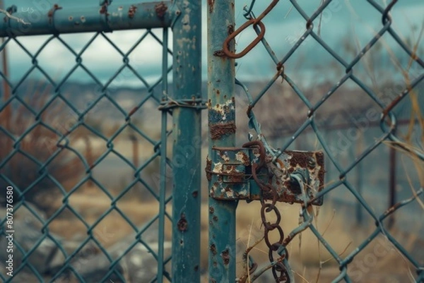 Fototapeta Rusty padlock hanging on chain link fence. Suitable for security or restriction concepts