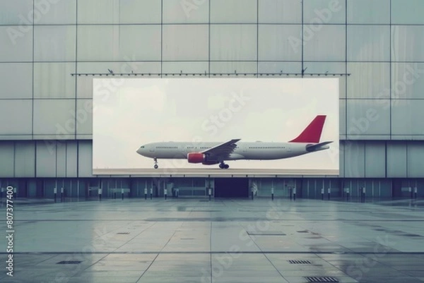 Fototapeta A commercial airplane flying in front of a modern building, suitable for travel or transportation concepts