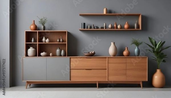 Fototapeta A minimalist living room with a wooden bench, a bonsai tree, and a framed artwork on the wall,zen