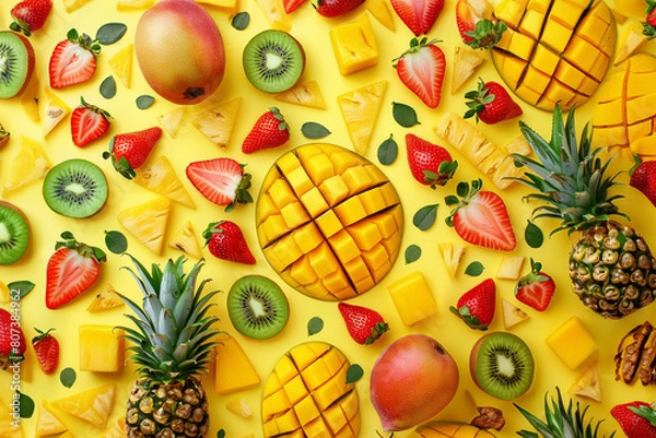 Fototapeta Geometric pattern illustration of vibrant fresh fruit mix top view
