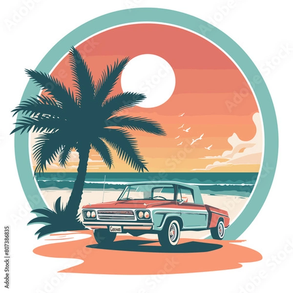 Fototapeta A car is parked on a beach near a palm tree. The car is red and has a license plate that reads "G-1". The scene is set at sunset, creating a warm and relaxing atmosphere