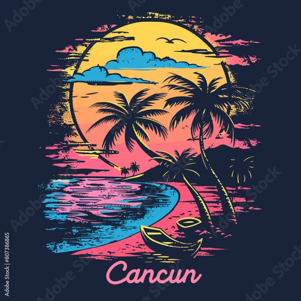 Obraz A colorful painting of a beach with palm trees and a sunset. The word Cancun is written in white on the bottom right