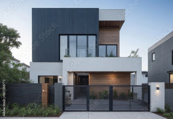 Fototapeta A gray private house of two floors hidden behind a fence with automatic sliding brown gates