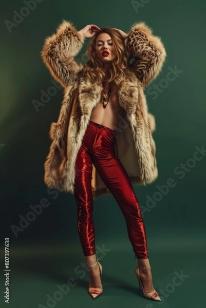 Fototapeta Glamorous Fashion Model in Luxurious Fur Coat and Shiny Red Metallic Pants Posing on a Green Background