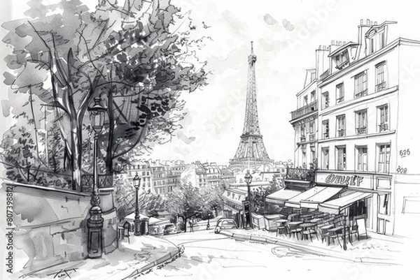 Fototapeta black and white monochrome sketch ob summer in Paris view of the city with its symbol Eiffel Tower