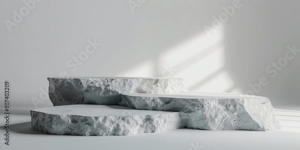 Fototapeta Natural white pieces of Stone wall with broken textured edges, debris stone slabs for product display background in natural light and shadow. 3d rendering.