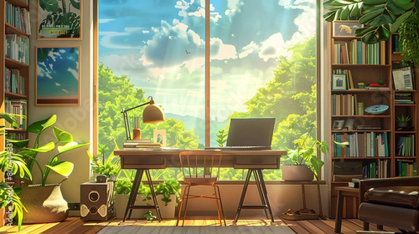 Fototapeta Lofi living room with laptop and study table 