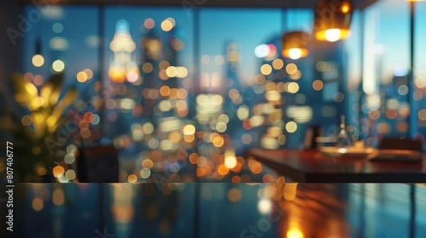 Fototapeta Evening Office Workspace with Cityscape for Business Presentation