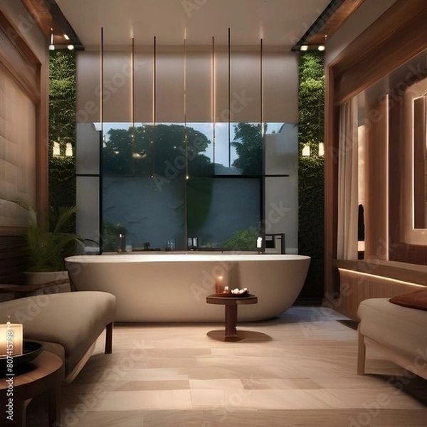 Fototapeta A luxurious spa with relaxing ambiance, soft lighting, and serene music Ideal for relaxation and pampering2