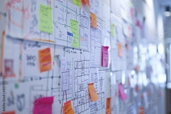 Fototapeta A closeup on a whiteboard filled with sketches and product mockups, hinting at the young entrepreneurs innovative idea, Magazine Photography Style