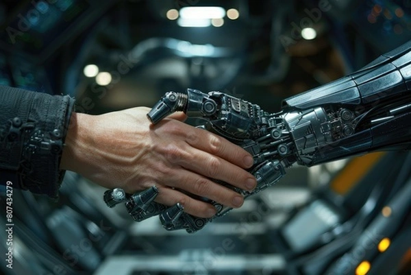 Fototapeta A robot hand shakes a human hand. The robot is made of metal and has a metallic look. Concept of technology and human interaction