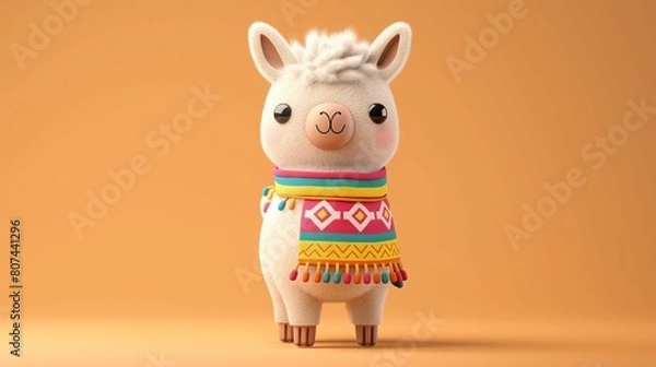 Obraz Cute simple illustration of an alpaca, flat graphic, simple shapes, pastel background, simple details, cute cartoon style, children's book illustration, digital art medium, simple design