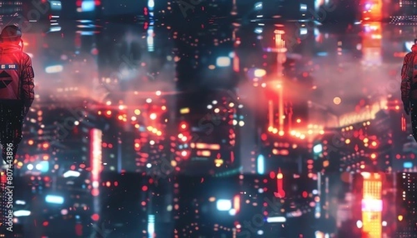 Fototapeta Imagine a cyberpunk character walking confidently away from the viewer