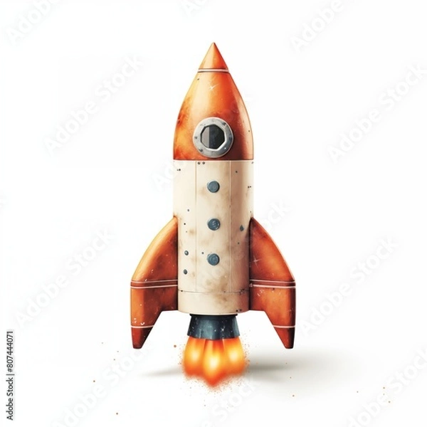 Fototapeta Retro-futuristic rocket with flames at takeoff isolated on a white background
