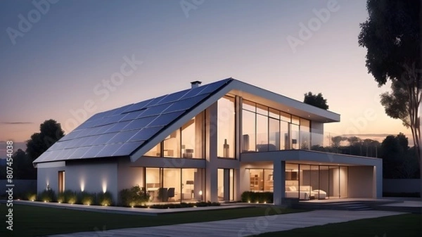 Fototapeta Solar panels cover the roof of a modern house at dusk. AI Generative
