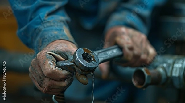 Fototapeta Detailed snapshot of a plumber using a wrench to halt a water leak, focusing on the hand and tool interaction, in action