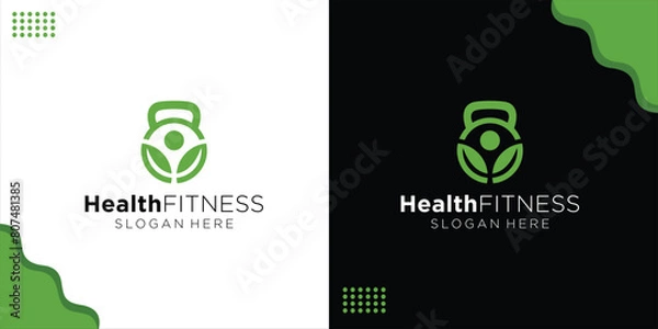 Obraz creative Leaf logo with kettlebell barbell design for gym and fitness illustration, design inspiration, vector