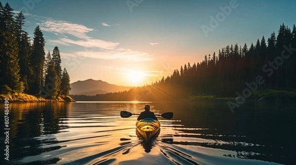 Fototapeta Tourist sails kayak along calm lake at gentle sunrise light discovering wild nature-Ai Generated