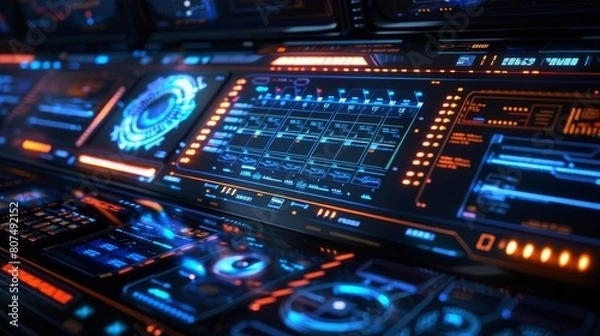 Obraz The image shows a control panel with a lot of buttons and lights. It looks like something from a spaceship or a sci-fi movie.