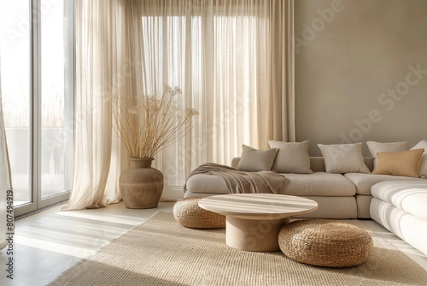 Fototapeta Serene living room with minimalist design, streamlined furniture in neutral colors, soft morning light in a modern Scandinavian apartment.