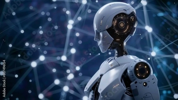 Obraz An android robot in a cyberspace background, Ai Generated