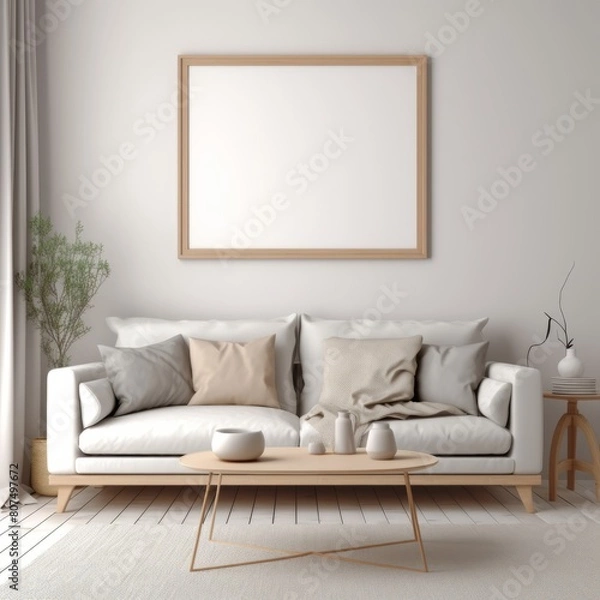 Fototapeta Blank white wooden picture frame in a  livingroom 3d mock up, sofa, table.