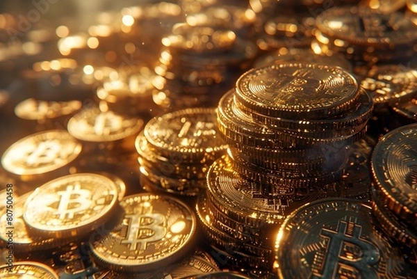 Fototapeta 반짝이는 비트코인 ​​마크가 새겨진 황금 동전이 가득 들어있습니다.