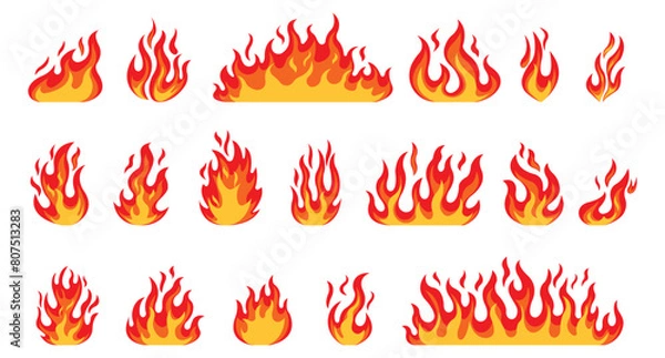 Obraz Fire flames, bright fireball, heat wildfire and red hot bonfire, campfire, red fiery flames isolated vector illustration set. Animated form and square, fireball and flame
