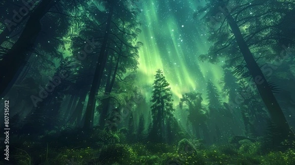 Fototapeta Enchanted forest basking under a mystical aurora display