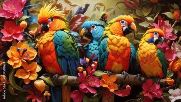 Fototapeta two parrots on a branch