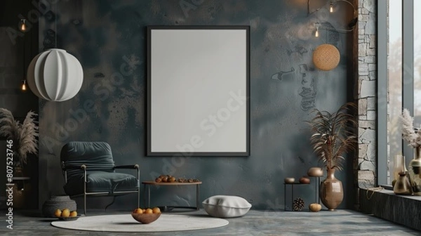 Fototapeta Mockup poster empty Blank Frame, hanging on an avant-garde background with stones, dry fruits, and elegant furnishings, above a sophisticated modern display room. copy space for text.