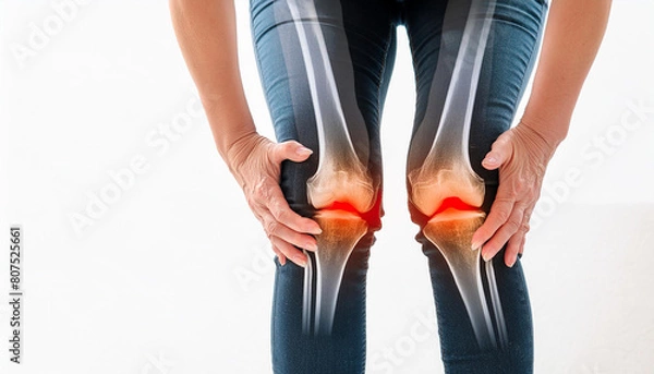 Obraz Close up leg painful knee with X-ray Knee bone double exposure on white background 