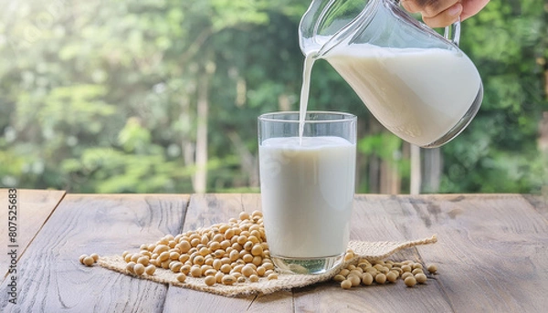 Obraz Pouring soy milk in a glass with soy beans on wooden table