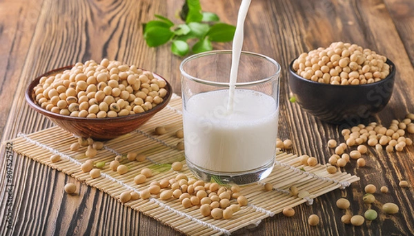 Obraz Pouring soy milk in a glass with soy beans on wooden table