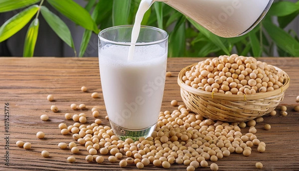 Obraz Pouring soy milk in a glass with soy beans on wooden table