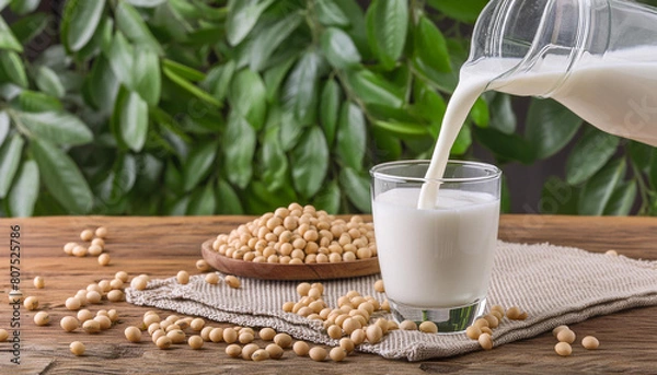 Obraz Pouring soy milk in a glass with soy beans on wooden table