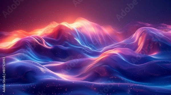 Fototapeta Abstract waves in blue and purple neon colors, wide angle, highly detailed, AI Generative